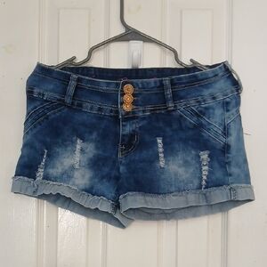 Sexy Secrets Blue Denim Jean Shorts with Distressed Cuffed Hem